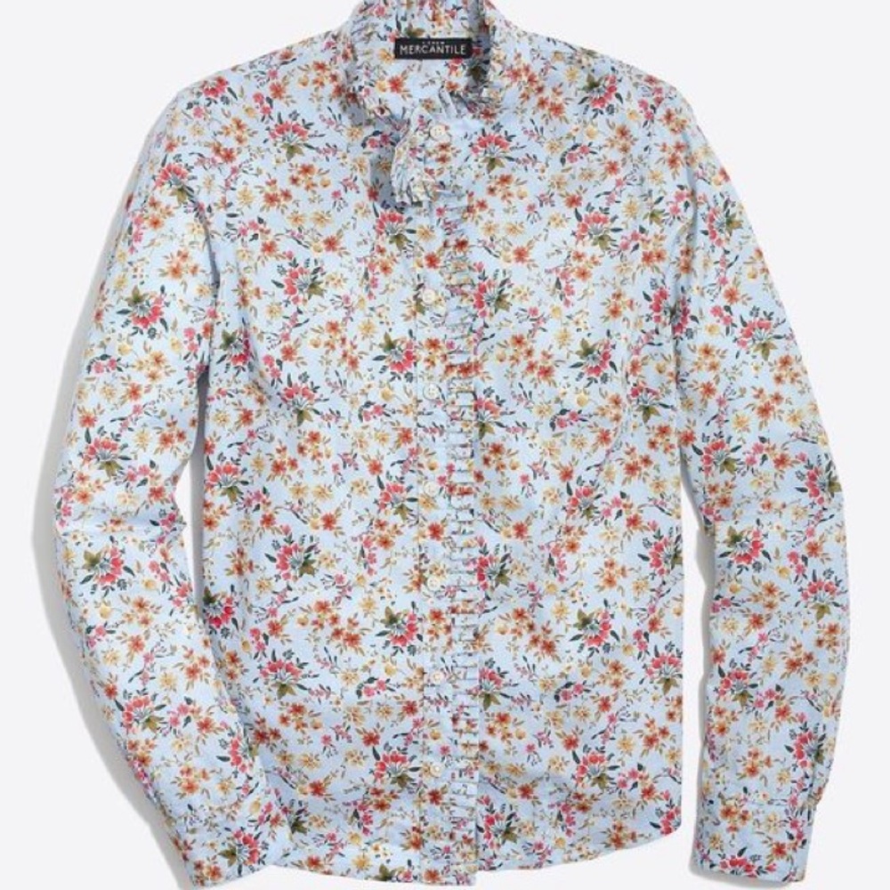 J Crew Mercantile Button Down Floral Ruffle Blouse